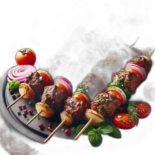 food, photorealistic, 3d render, concept art, plate, holds, skewers, grilled transparent PNG cut-out