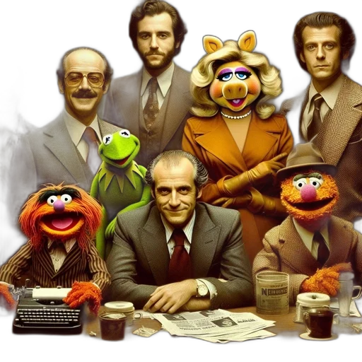 staff, concept art, muppet, characters, sit, alongside, humans, old-fashioned transparent PNG cut-out