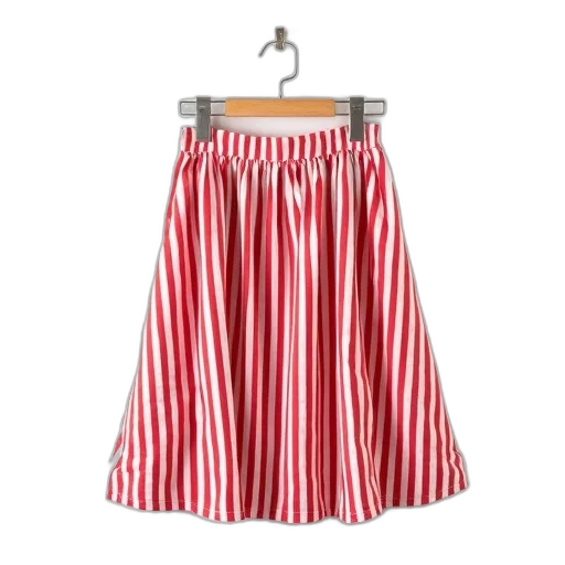dress, red, white, striped, skirt, displayed, hanger, against transparent PNG cut-out