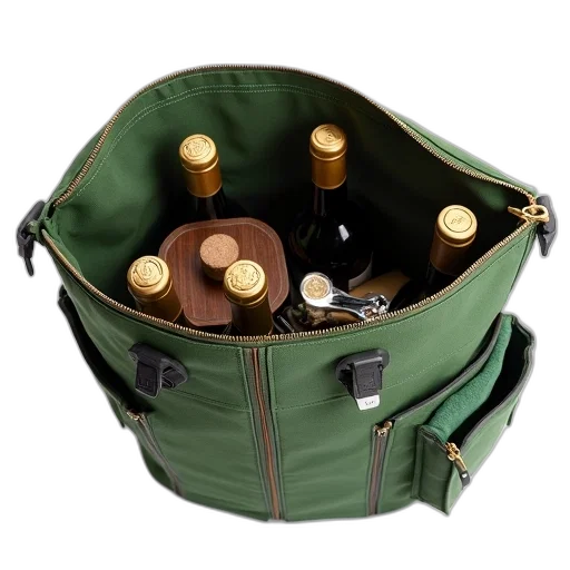 jacket, bottle, earth tones, green, canvas, wine, bag, zipper transparent PNG cut-out