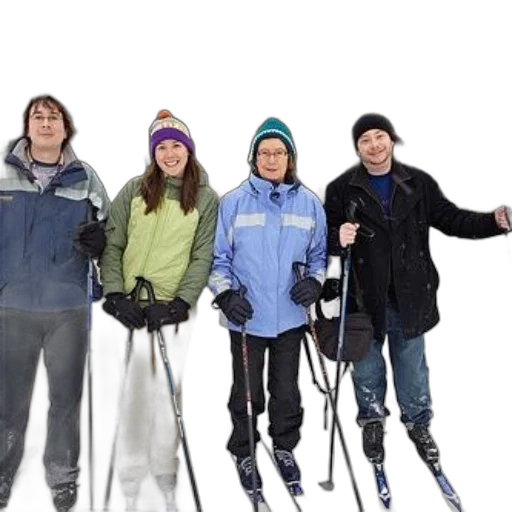 staff, snow, four, people, dressed, winter, gear, posing transparent PNG cut-out