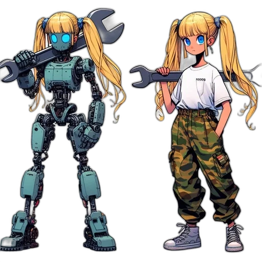 robot, concept art, pixel art, cyberpunk, anime, blue, two, characters transparent PNG cut-out