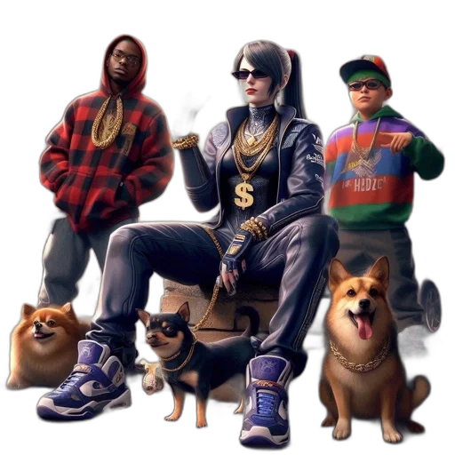 jacket, concept art, pixel art, cyberpunk, photorealistic, three, individuals, dogs transparent PNG cut-out