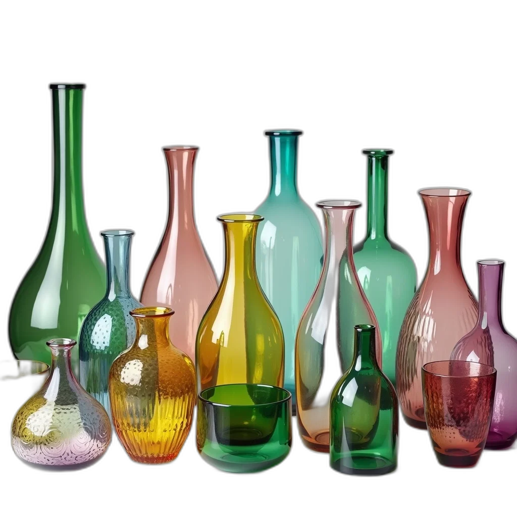 bottle, 3d render, photorealistic, collection, colorful, glass, vases, cups transparent PNG cut-out