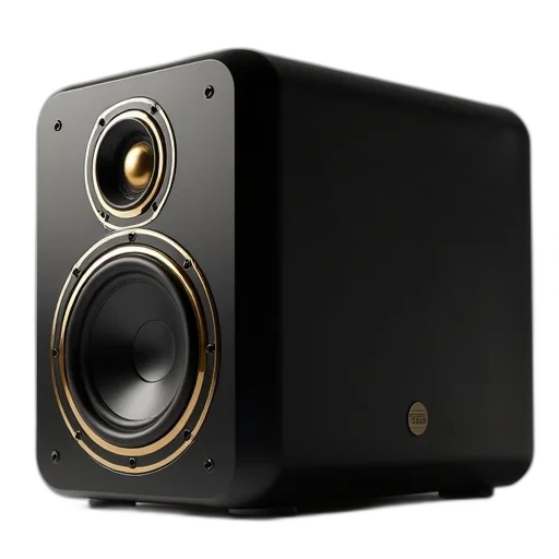 sleek, black, speaker, modern, design, two, large, gold-rimmed transparent PNG cut-out