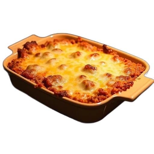 food, 3d render, photorealistic, casserole, dish, filled, cheesy, meaty transparent PNG cut-out