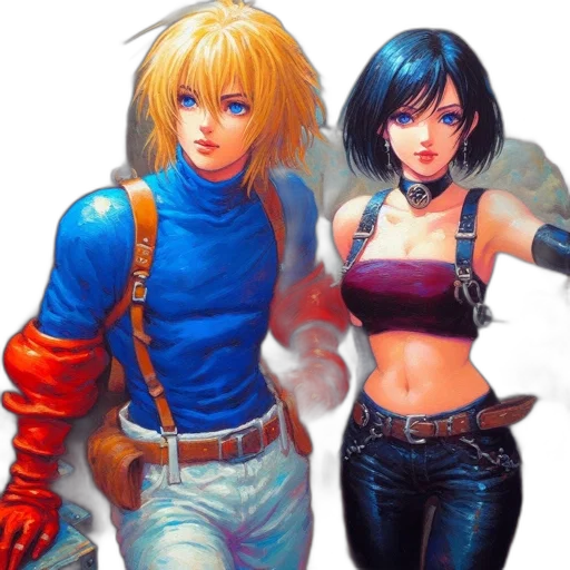 concept art, comic book art, fantasy art, pixel art, blue, two, animated, characters transparent PNG cut-out