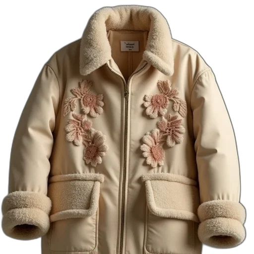 jacket, beige, embroidered, details, large, collaring, cuffs transparent PNG cut-out