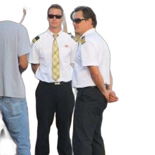 staff, two, pilots, uniform, stand, boat, near, water transparent PNG cut-out