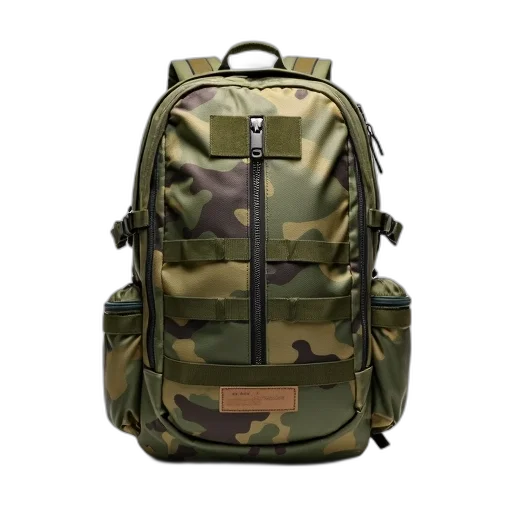 jacket, 3d render, military-style, backpack, camouflage, pattern, displayed, against transparent PNG cut-out