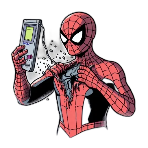 weapon, concept art, comic book art, cyberpunk, pixel art, spider-man, donning, red-and-black transparent PNG cut-out