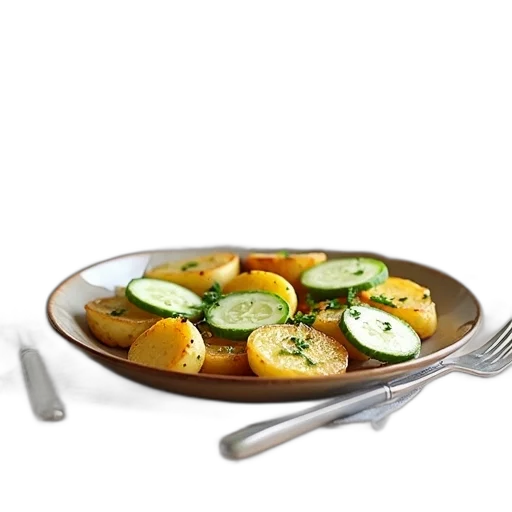 food, 3d render, photorealistic, plate, roasted, potatoes, herbs, cucumber transparent PNG cut-out