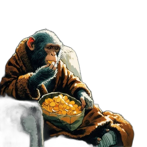 food, concept art, photorealistic, comic book art, chimpanzee, sits, chair, wearing transparent PNG cut-out