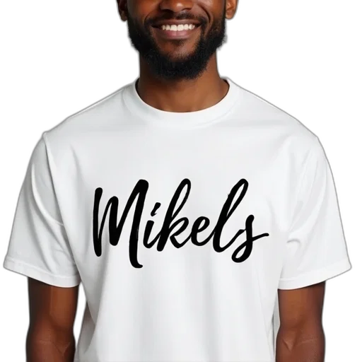 man, wearing, white, t-shirt, word, mikels, cursive, script transparent PNG cut-out