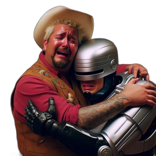 robot, hat, outer space, emotional, man, embraces, impassive, amidst transparent PNG cut-out