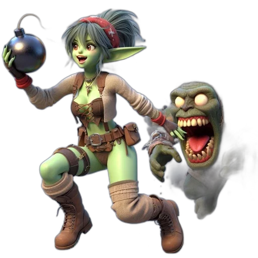 staff, concept art, fantasy art, 3d render, green-skinned, female, character, bomb transparent PNG cut-out