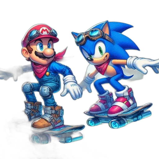 concept art, 3d render, pixel art, watercolor, blue, mario, sonic, skateboard transparent PNG cut-out