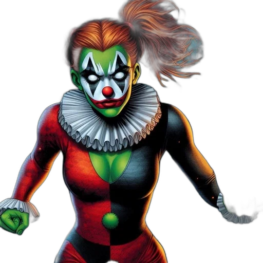 mask, comic book art, concept art, 3d render, female, character, clown-like, costume transparent PNG cut-out