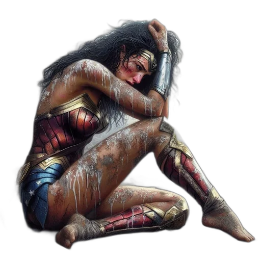 comic book art, concept art, fantasy art, photorealistic, wonder, woman, grieves, alone transparent PNG cut-out