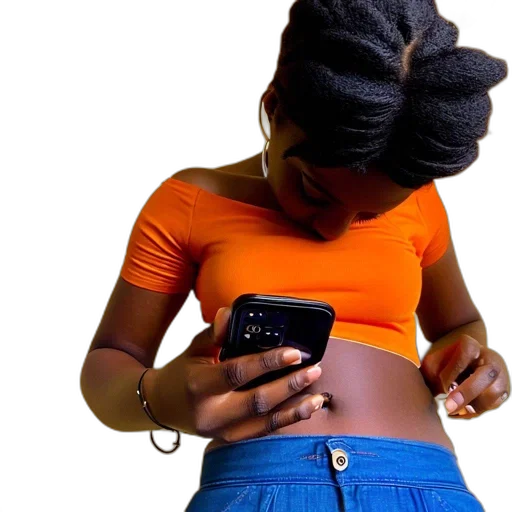 jewelry, young, woman, orange, crop, top, blue, jeans transparent PNG cut-out