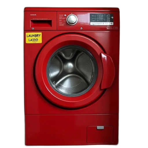 robot, furniture, photorealistic, 3d render, red, washing, machine, yellow transparent PNG cut-out