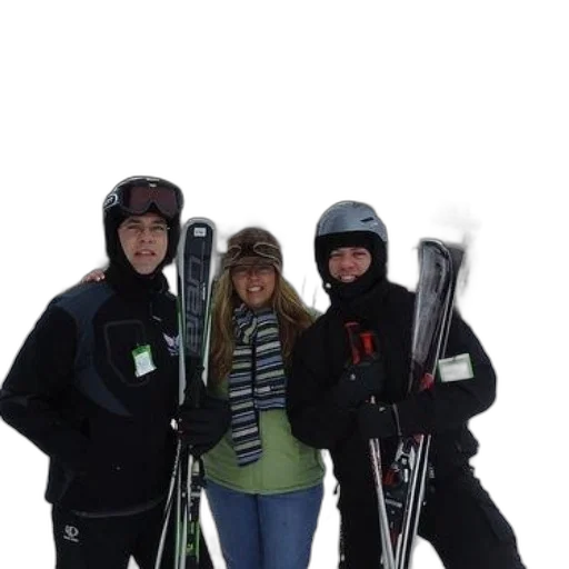 staff, three, people, pose, their, skis, front, sign transparent PNG cut-out
