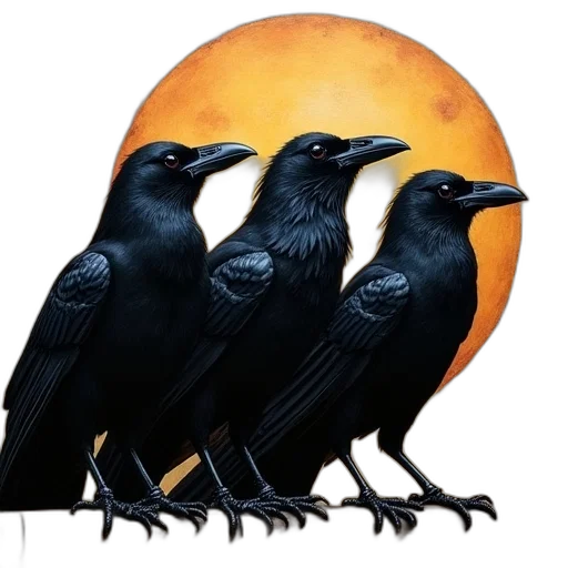 concept art, fantasy art, pixel art, photorealistic, night, dark, three, ravens transparent PNG cut-out