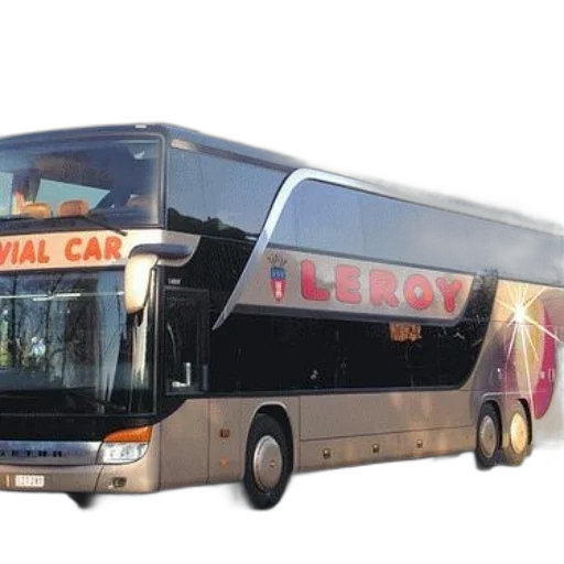 3d render, photorealistic, concept art, double-decker, bus, word, leroy, written transparent PNG cut-out