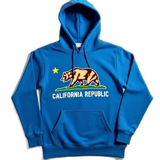 jacket, blue, hoodie, graphic, bear, words, california, republic transparent PNG cut-out
