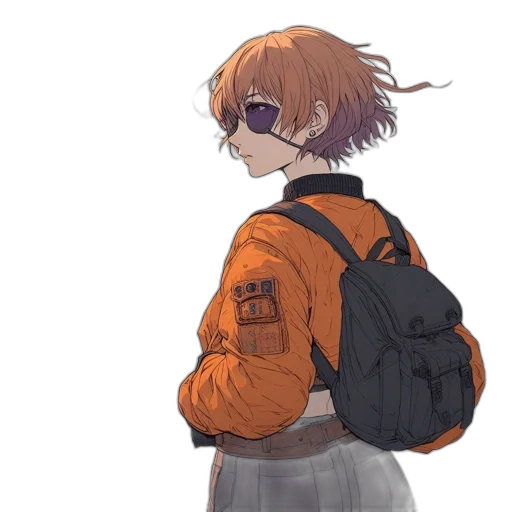 jacket, staff, robot, weapon, concept art, anime, cyberpunk, watercolor transparent PNG cut-out