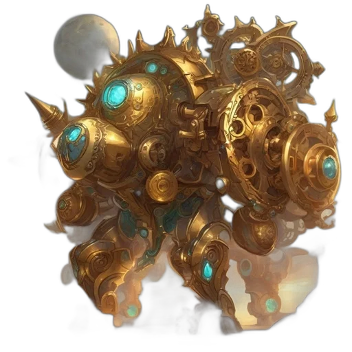 weapon, jewelry, staff, robot, concept art, fantasy art, 3d render, golden transparent PNG cut-out