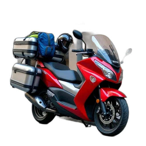 3d render, concept art, red, motorcycle, sidecar, parked, street, next transparent PNG cut-out