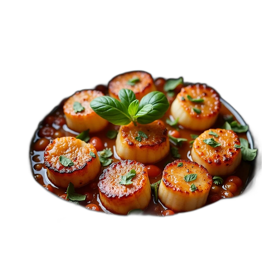 food, photorealistic, 3d render, rustic, italian, dish, seared, scallops transparent PNG cut-out