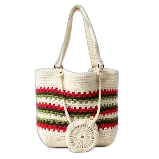 white, crochet, handbag, red, green, stripes, placed, background transparent PNG cut-out