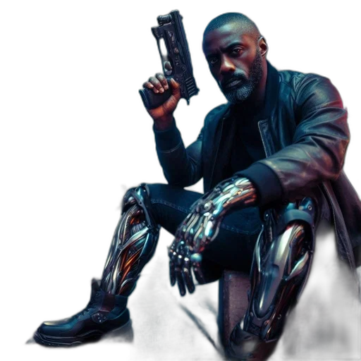 robot, jacket, weapon, cyberpunk, concept art, comic book art, pixel art, man transparent PNG cut-out