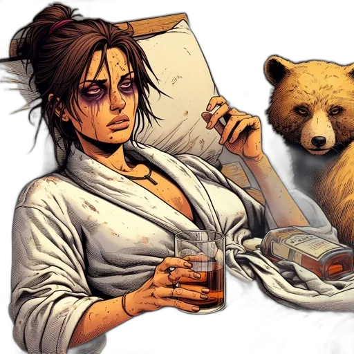 concept art, comic book art, pixel art, photorealistic, earth tones, golden, disheveled, woman transparent PNG cut-out