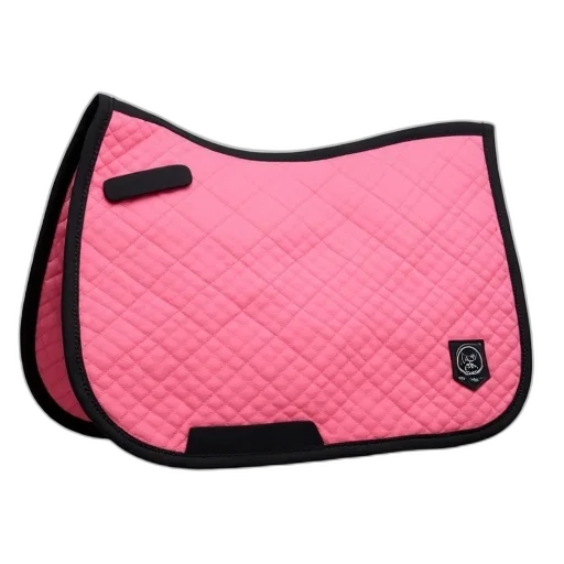 pink, saddle, pad, black, trim, displayed, against, white transparent PNG cut-out