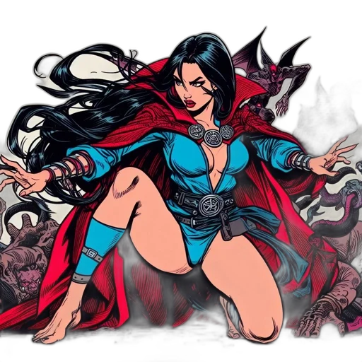 comic book art, concept art, fantasy art, pixel art, red, dark, woman, vibrant transparent PNG cut-out