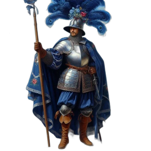 staff, sword, crown, hat, concept art, fantasy art, blue, man transparent PNG cut-out
