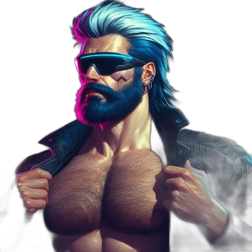 jacket, hair, face, cyberpunk, vaporwave, fantasy art, concept art, neon transparent PNG cut-out