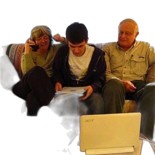 family, sits, couch, laptop, front, them transparent PNG cut-out