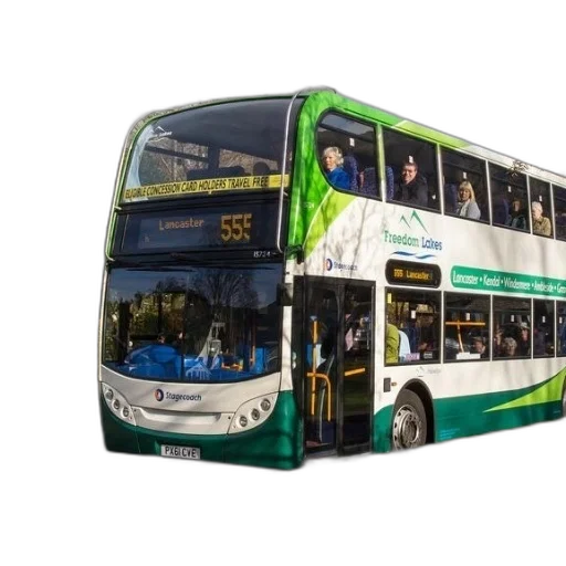 3d render, photorealistic, green, white, double-decker, bus, destination, lancaster transparent PNG cut-out