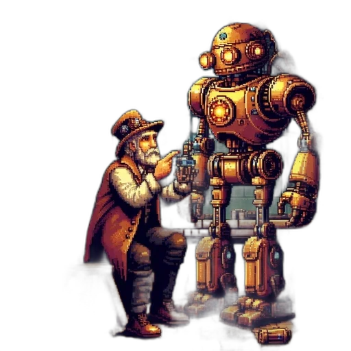 robot, weapon, staff, concept art, pixel art, fantasy art, comic book art, golden transparent PNG cut-out