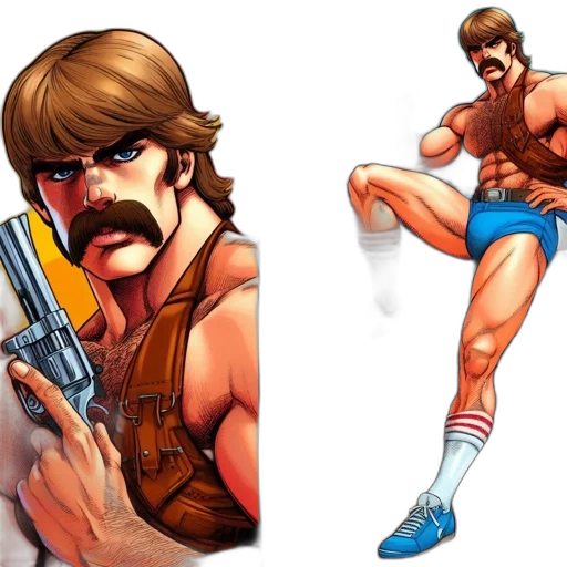 weapon, comic book art, concept art, pixel art, cartoon, two, panels, featuring transparent PNG cut-out