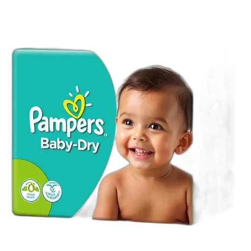 box, pampers, baby-dry, diapers, smiling, baby, front, has transparent PNG cut-out