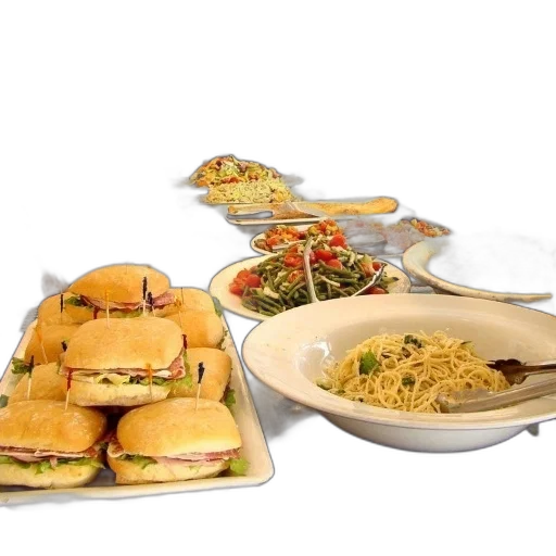 food, buffet, table, various, dishes, including, sandwiches, pasta transparent PNG cut-out