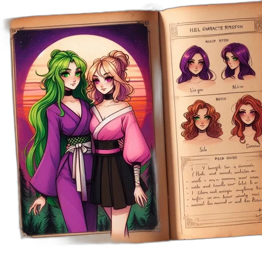concept art, fantasy art, comic book art, anime, green, book, page, displays transparent PNG cut-out