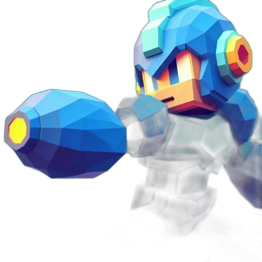 robot, weapon, pixel art, concept art, 3d render, fantasy art, blue, monochrome transparent PNG cut-out