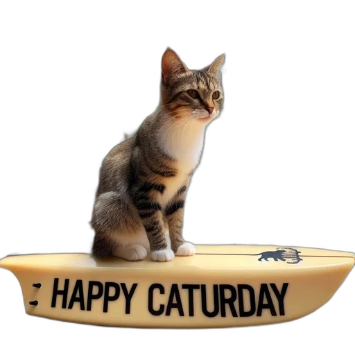 tabby, cat, sits, surfboard, happy, caturday, written, against transparent PNG cut-out