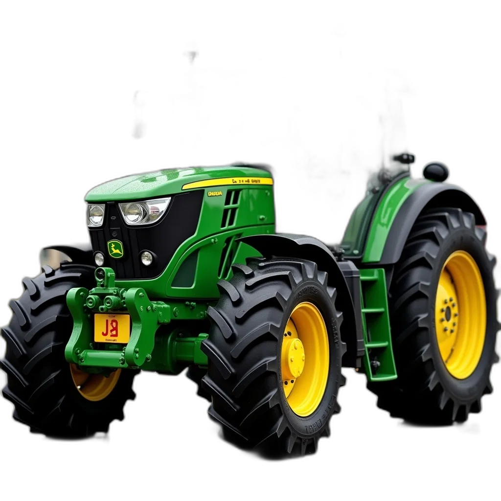 3d render, concept art, photorealistic, green, tractor, yellow, front, loader transparent PNG cut-out